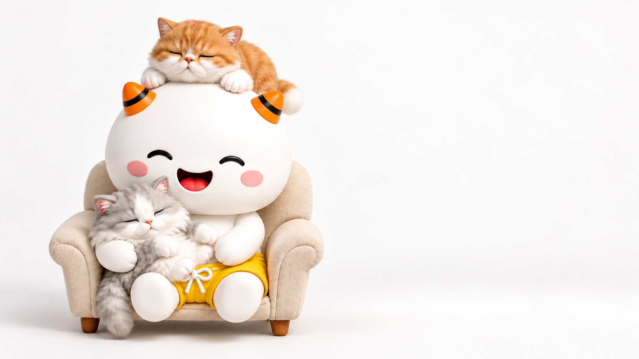 고양이들과 의자에 앉아 웃고 있는 수호깨비